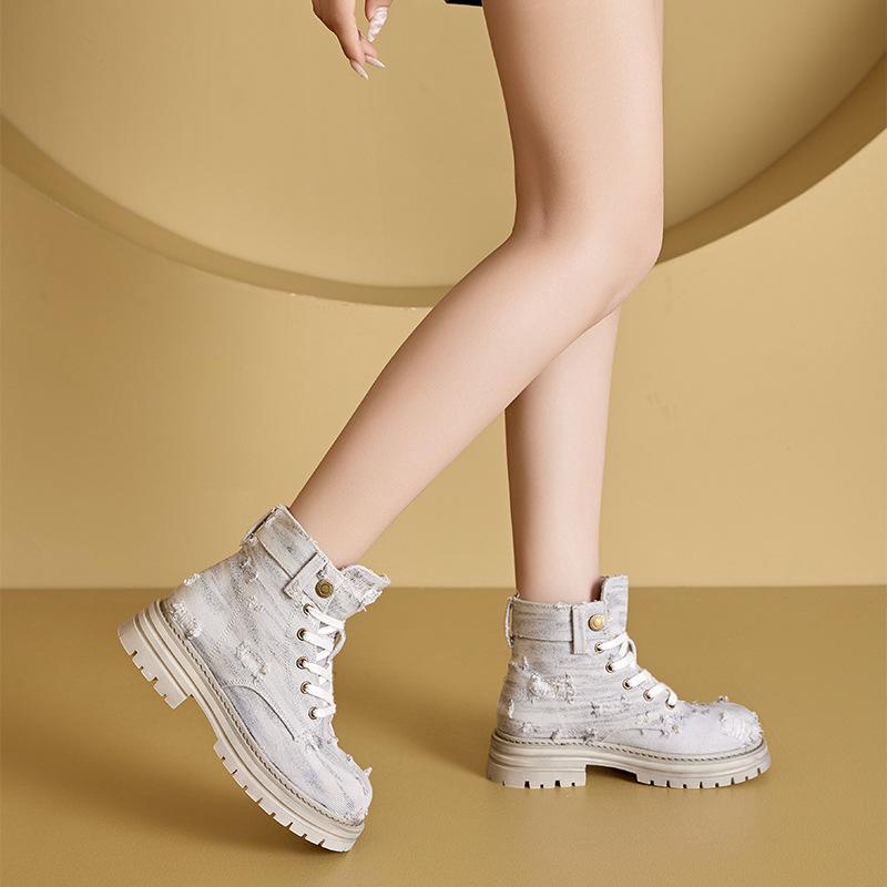 Herbst Kleine Größe Gewaschener Denim Damen Ripped Dicke Sohle Versteckter Absatz Damenschuhe Schnürschuhe Freizeitschuhe 40 von Joom DACH