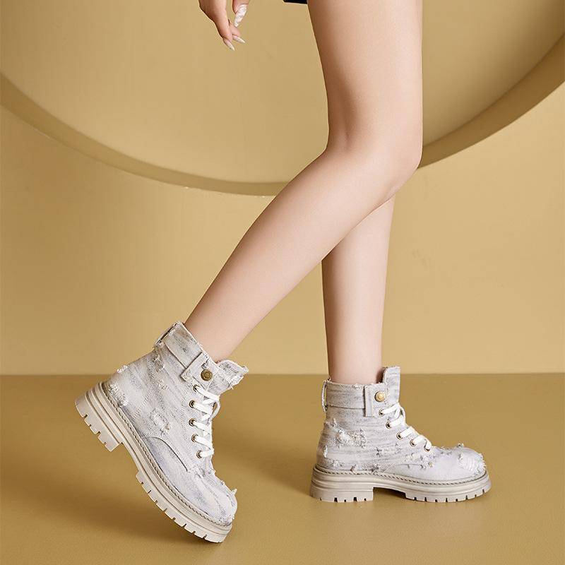 Herbst Kleine Größe Gewaschener Denim Damen Ripped Dicke Sohle Versteckter Absatz Damenschuhe Schnürschuhe Freizeitschuhe 40 von Joom DACH