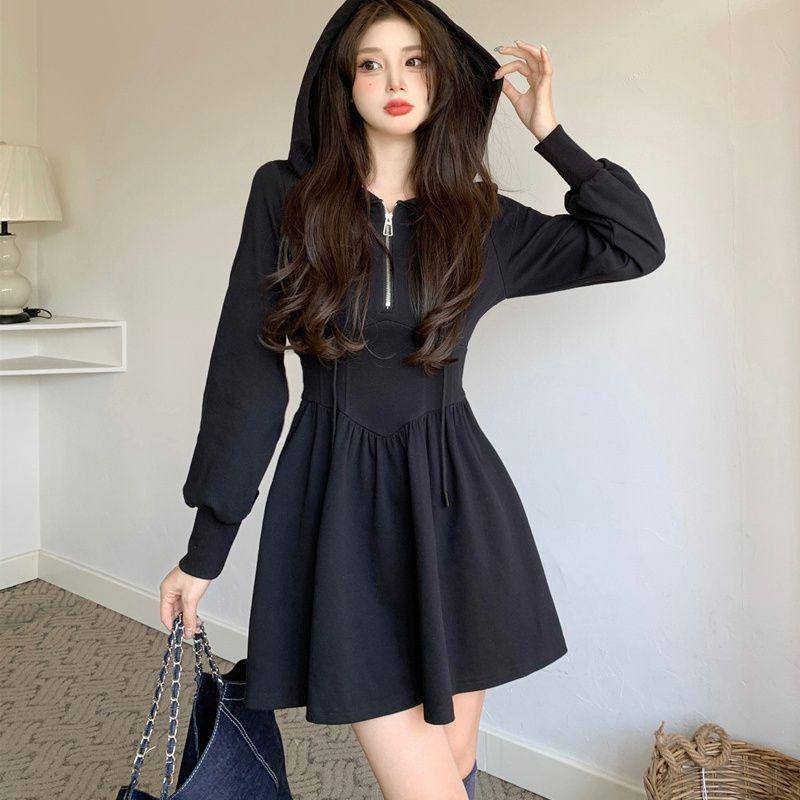 Herbst Koreanischen Stil Reißverschluss Mit Kapuze Kleid Frauen Kpop Wrap Langarm Mini Kurze Kleider Mode Neue In L schwarz von Joom DACH