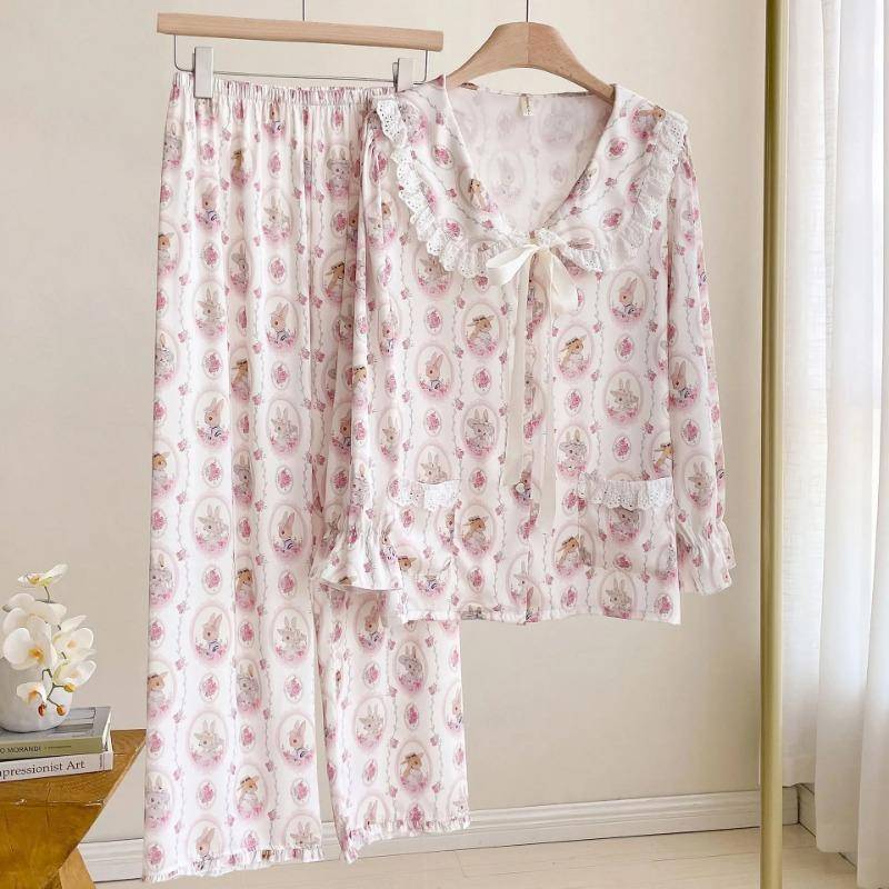 Herbst Langarm Hauskleidung Süßer Cartoon-Print Pyjama Damen Spitze Kante Puppenkragen Nachtwäsche Niedliche Lässige Shirts Nachtwäsche XL rosa von Joom DACH