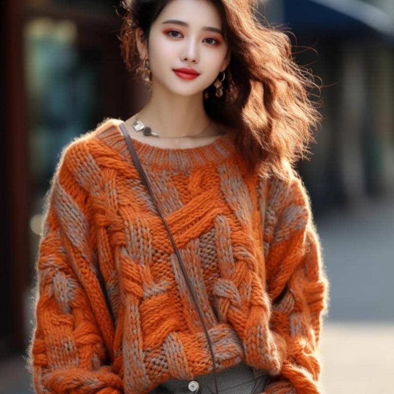 Herbst Langarm Orange Locker Pullover Strickpullover Damen Rundhals Lässig Elegant Strickpullover Damenmode Einfarbig Warm Winter Pullover Tops 25508 One Size orange von Joom DACH