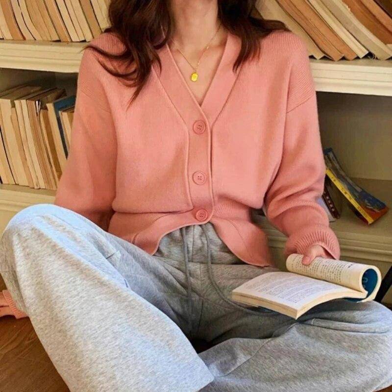 Herbst Langarm Pullover Mantel Frauen Casual Solide Tops Weiß Strickwaren V-ausschnitt Gestrickte Cardigans Frauen Winter Kleidung 29529 One Size rosa von Joom DACH