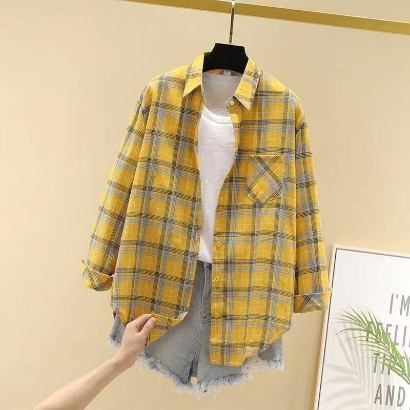 Herbst Lose Frauen Plaid Shirt Marke Ausgezeichnete Qualität Blusen und Tops Frische Casual Design Weibliche Langarm Shirts XXL gelb von Joom DACH