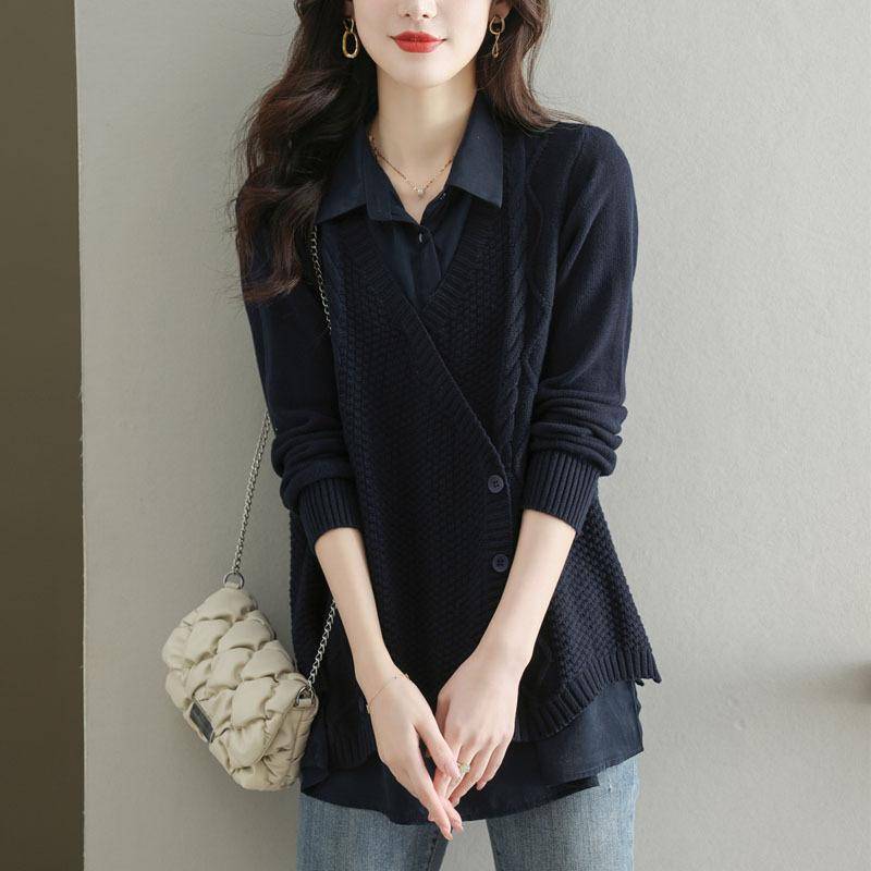 Herbst Lose Hemd Kragen Pullover Gefälschte Zwei-stück Bluse Frauen Frühling Herbst Pullover One size navy blau von Joom DACH