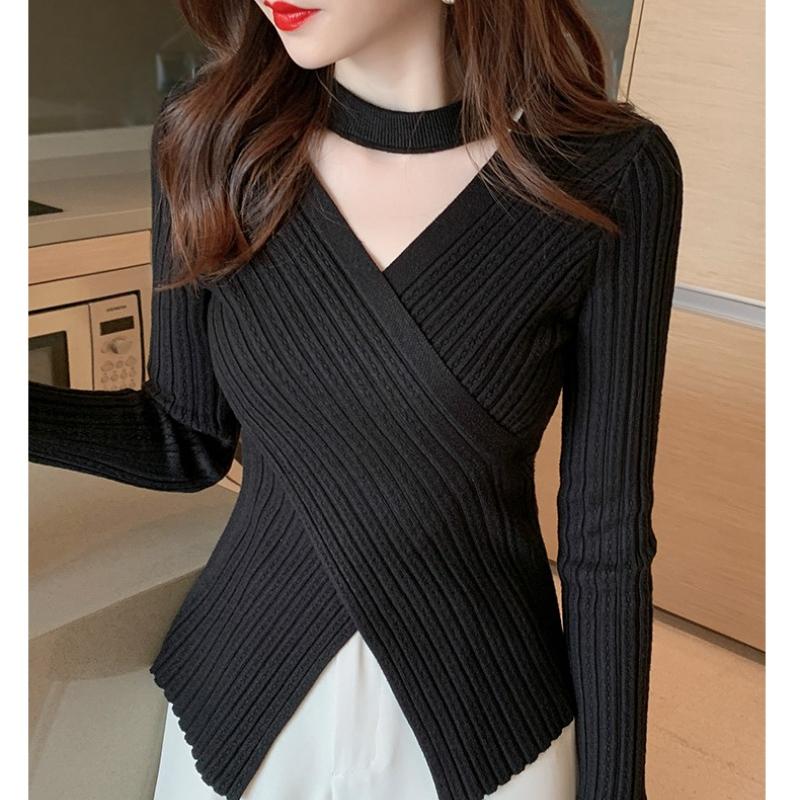 Herbst Neue Dünne V-ausschnitt Langarm Strick Pullover Frauen Top Solide Winter Frauen Kleidung Mode Slim Fit Pullover Pullover Weibliche Warme strickwaren 24875 One Size schwarz von Joom DACH