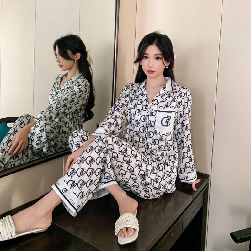 Herbst Neue Eis Seide Mesh Langarm Hosen Damen Pyjamas Einfache Casual Cardigan Home Wear Set XL schwarz von Joom DACH