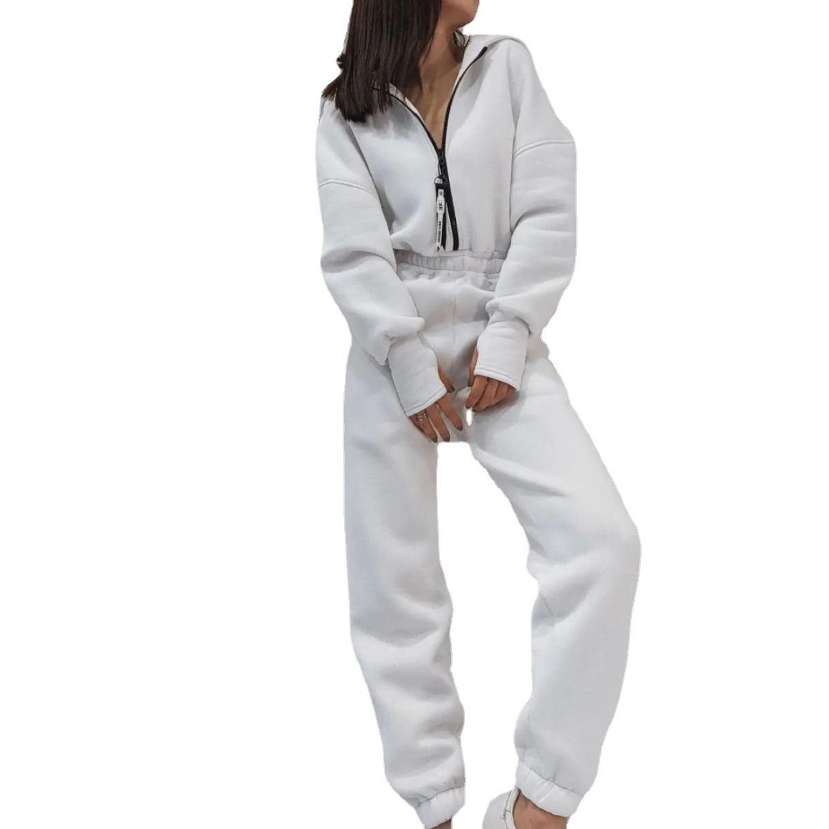 Herbst Neue Mode Zipper Pullover Mit Kapuze Overall frauen Einfarbig Langarm Casual Sportlich Warme Einteiliges Overall Frauen L weiß von Joom DACH