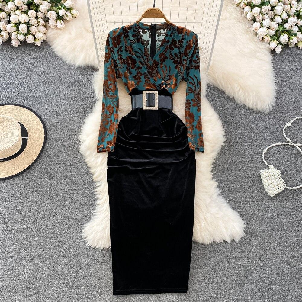 Herbst Neue Stil Promi Temperament V-ausschnitt Bronzing Druck Hohe Taille Falten Nähte Falsche Zwei Tasche Hüfte Kleid M von Joom DACH