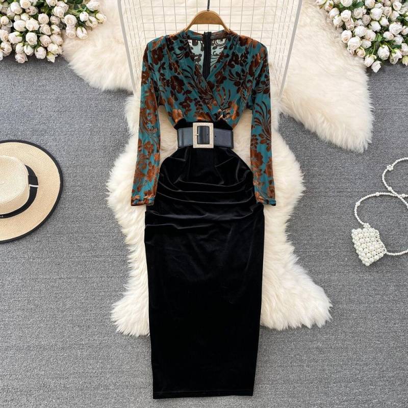 Herbst Neue Stil Promi Temperament V-ausschnitt Bronzing Druck Hohe Taille Falten Nähte Falsche Zwei Tasche Hüfte Kleid M von Joom DACH