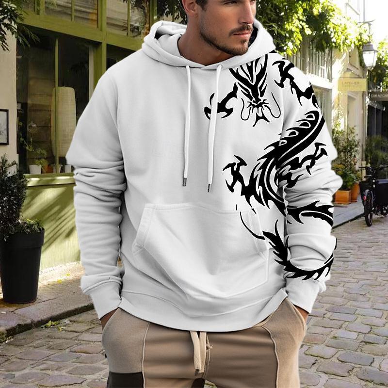 Herbst Neuer 3D-Schwarz-Weiß-Mysteriöser-Drache-Druck Dünner Herren-Hoodie Lässiger, bequemer 3D-Digitaldruck-Hoodie für Herren 6XL weiß von Joom DACH