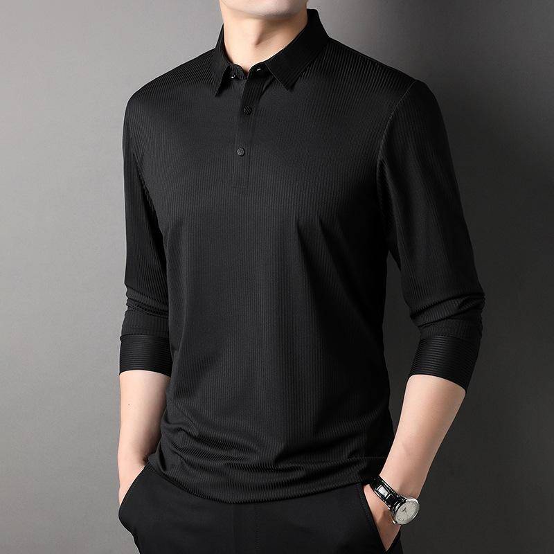 Herbst Neues Langarm-T-Shirt Herren Mittleren Alters Lässig Revers Nahtlos Nylon Gestreiftes Poloshirt XXXL von Joom DACH