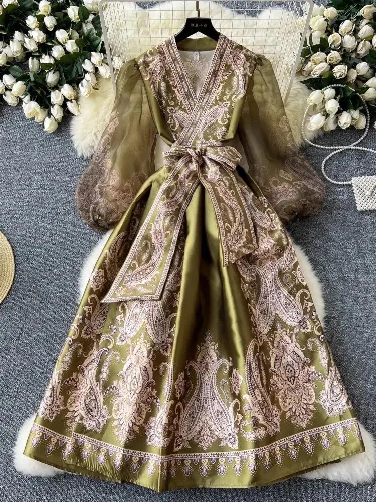 Herbst Paisley Print Bandage Wrap Abendkleid Frauen Laterne Ärmel Party Langes Kleid Weibliche Y2k Patchwork Dicken Satin Ballkleid S beige von Joom DACH