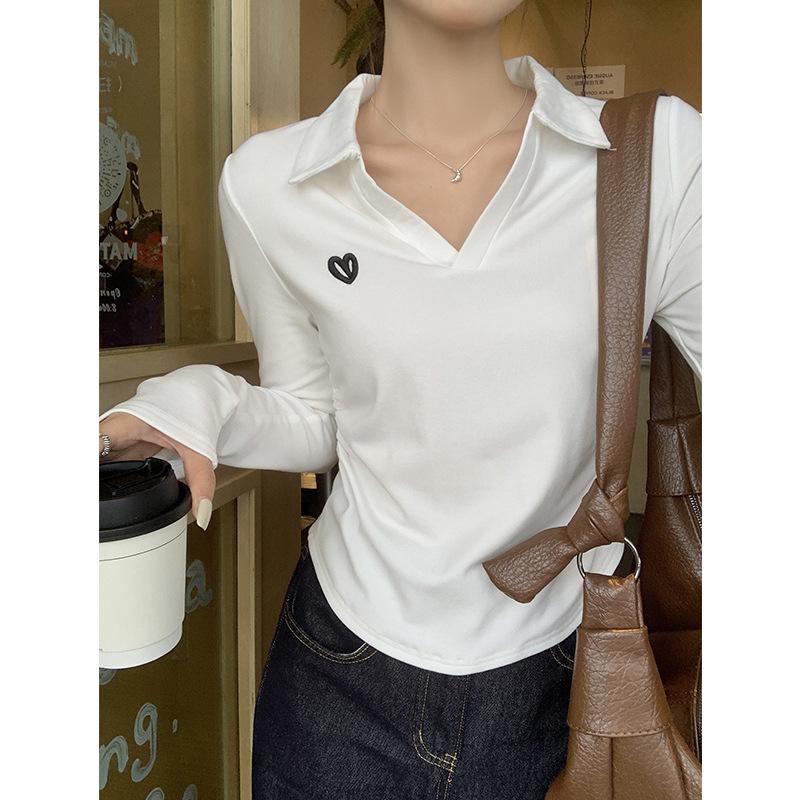 Herbst Polo Revers Vorne Schulter Langarm Damen T-Shirt Plissee Gebogener Saum Schlank Innen Bottom Shirt Top XL von Joom DACH