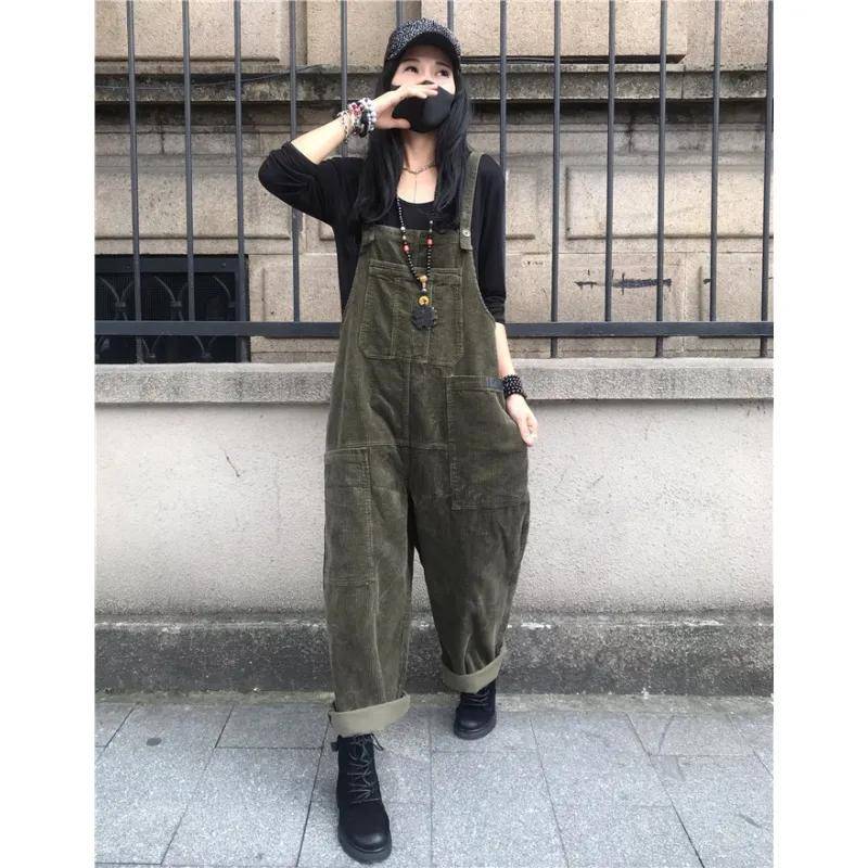 Herbst Strampler Solide Wide Leg Playsuits Frauen Casual Straps Hosenträger Overalls Vintage Cord Overalls Overszie L grün von Joom DACH