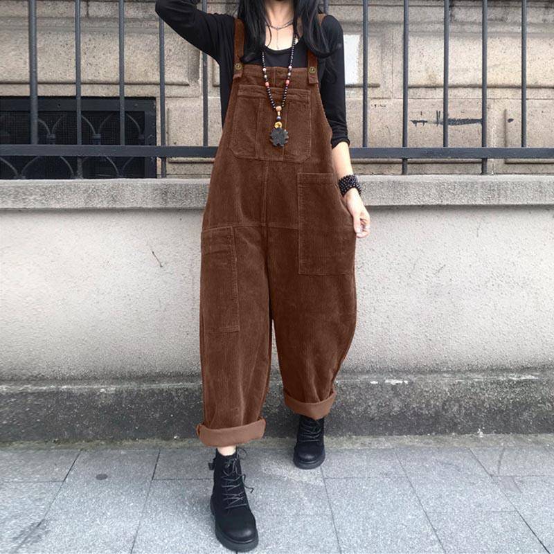 Herbst Strampler Solide Wide Leg Playsuits Frauen Casual Straps Hosenträger Overalls Vintage Cord Overalls Overszie S braun von Joom DACH