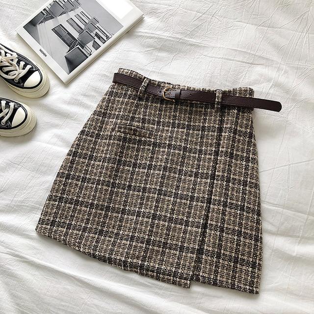 Herbst Süß Hohe Taille A-linie Mini Rock Chic Schärpen Unregelmäßigen Dame Rock Vintage Casual Frauen Plaid Rock L khaki von Joom DACH