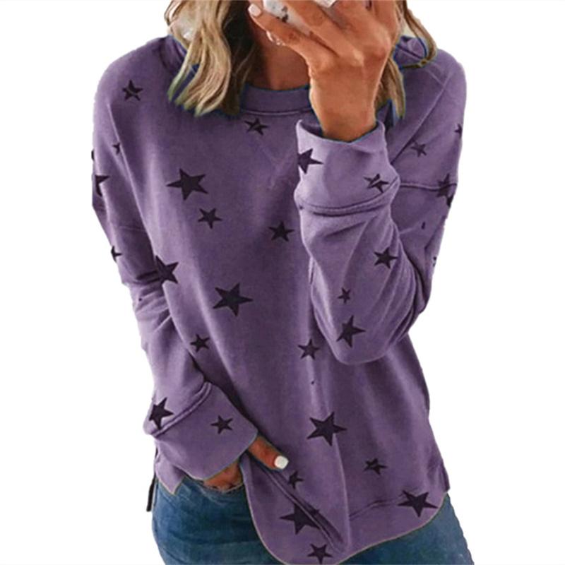 Herbst T-Shirt Damen 5 Sterne bedruckte Oberteile Damenbekleidung O-Ausschnitt lockere Übergröße Langarmpullover 5XL von Joom DACH