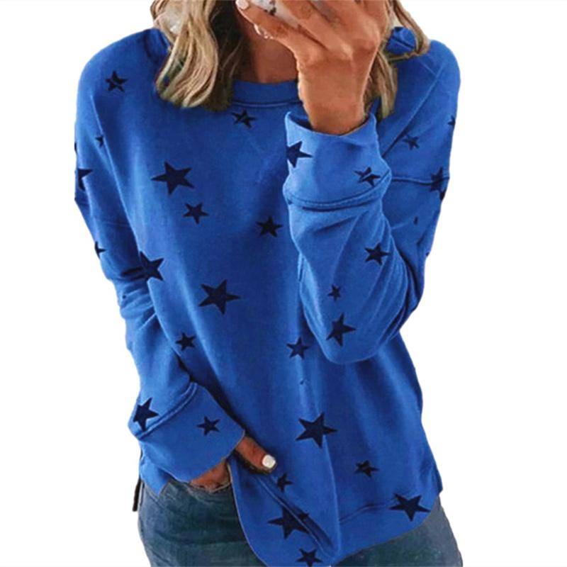 Herbst T-Shirt Damen 5 Sterne bedruckte Oberteile Damenbekleidung O-Ausschnitt lockere Übergröße Langarmpullover M von Joom DACH
