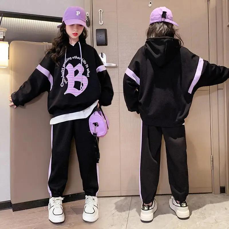 Herbst Teenager Mädchen Kleidung Set kinder Mädchen Hoodies Pullover Top und Seite Streifen Hose 2 Stück Anzug Kind Brief trainingsanzug 130 schwarz von Joom DACH