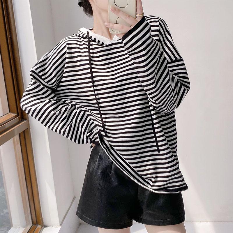 Herbst Übergröße Damen Oversize Lockeres Hemd Basic Oberteile T-Shirts Lässige Langarm Hoodies Streifenhemd One Size schwarz von Joom DACH