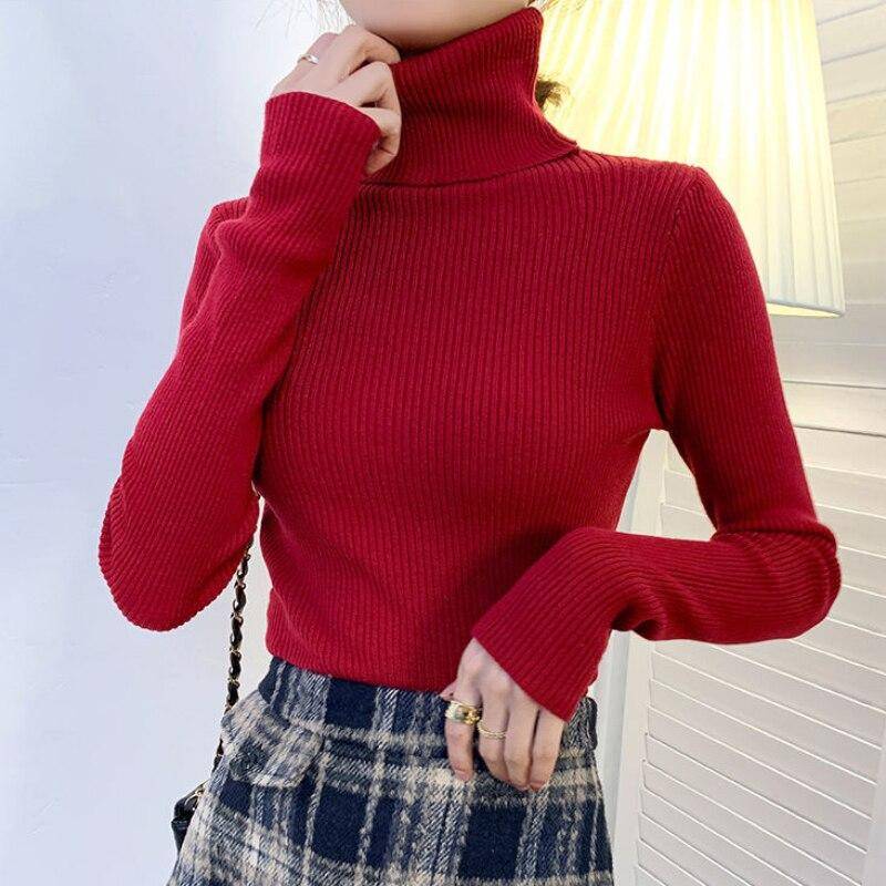 Herbst Und Winter Rollkragen Frauen Pullover Langarm Frauen Pullover Pullover Schlank Solide Wolle Gestrickte Pullover Jumper 16675 One Size rot von Joom DACH