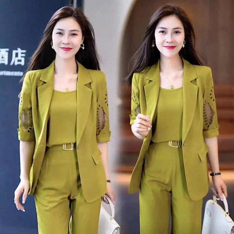 Herbst Vintage Hohl Kurzarm Jacke mit Tank Top Casual Hosen Drei Stück Elegante frauen Hosen Anzug Büro Set L grün Herbst Vintage Hohl Kurzarm Jacke mit Tank Top Casual Hosen Drei Stück Elegante frauen Hosen Anzug Büro Set L grün von Joom DACH
