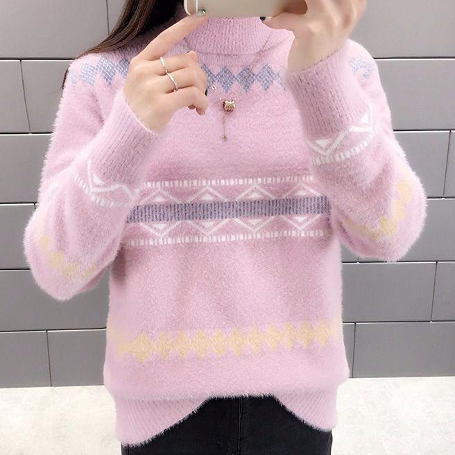 Herbst Winter, Nerz-Samtimitat, Rollkragenpullover, Strickpullover, Damen, koreanische Strickwaren, Pullover, Langarm-Pullover-Oberteil, Rollkragenpullover M rosa von Joom DACH