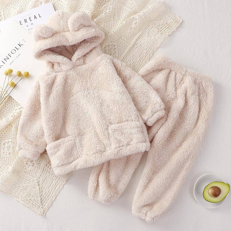 Herbst Winter Baby Kleidung Set Warme Fleece Mit Kapuze Pullover Hosen Kinder Jungen Sets Kleidung Hause Freizeit Tragen Kleinkind Mädchen Outfit 120cm beige von Joom DACH