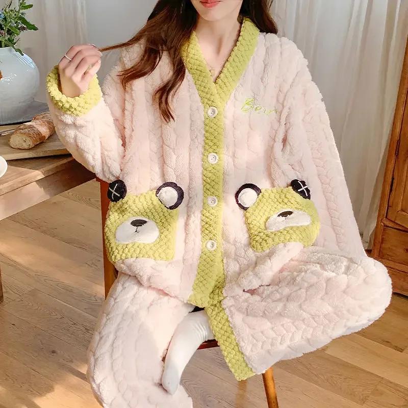 Herbst Winter Coral Fleece Kälteschutz Mutterschaft Pyjama Cartoon Entbindungsanzug Verstellbarer elastischer Damen Freizeitanzug 3XL von Joom DACH