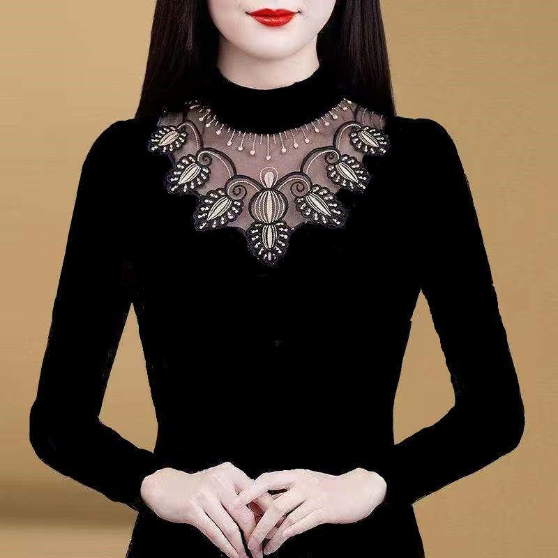 Herbst Winter Damen Bottoming Shirt Schwarze Spitze Langarm T-Shirt Plus Size Inner Top XXXXL von Joom DACH