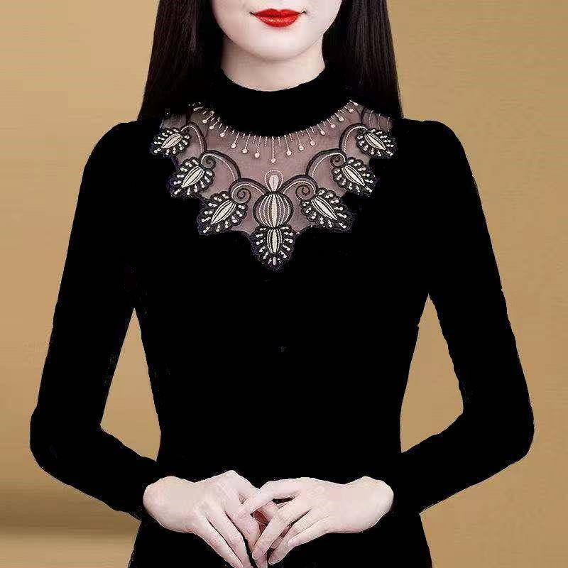 Herbst Winter Damen Bottoming Shirt Schwarze Spitze Langarm T-Shirt Plus Size Inner Top XXXXL von Joom DACH