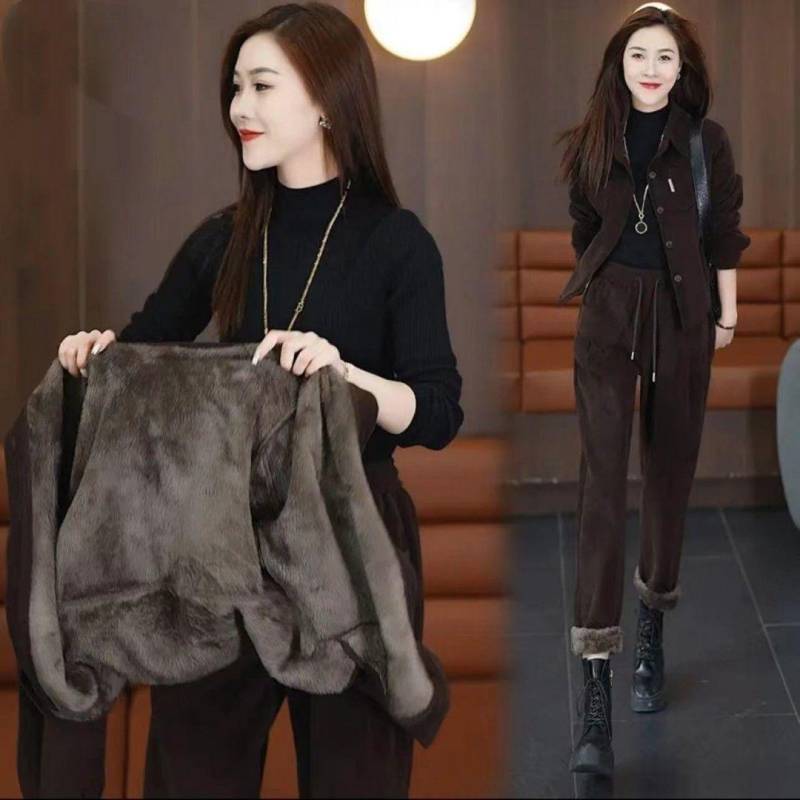 Herbst Winter Damen Casual Hosenanzüge Dicker Cord Sets Mode Fügen Sie Samt Warme Kurze Jacke + Haremshose Zweiteiliges Set hinzu XXXXL kaffeebraun von Joom DACH