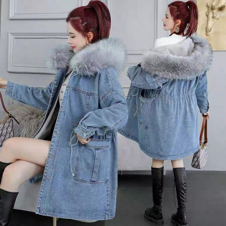Herbst Winter Damen Jeans Mantel Dicke Wolle Jeansjacke Lose Mit Kapuze Lange Kleidung Weibliche Oberbekleidung M von Joom DACH