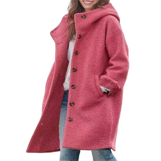 Herbst Winter Damen Mantel Mit Kapuze Einreihig Taschen Lange Ärmel Windjacke Mittellang Dick Warm Winddicht Einfarbig Locker Alltagsmantel M rose rot von Joom DACH