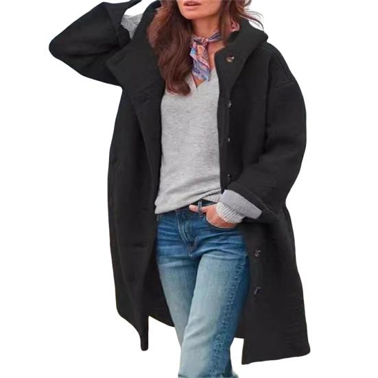 Herbst Winter Damen Mantel Mit Kapuze Einreihig Taschen Lange Ärmel Windjacke Mittellang Dick Warm Winddicht Einfarbig Locker Alltagsmantel XXXL schwarz von Joom DACH
