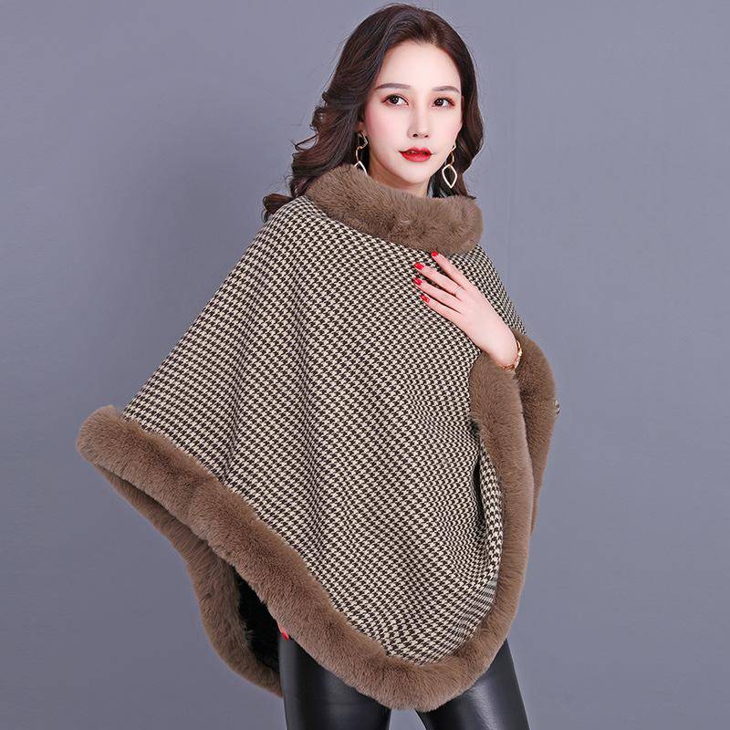 Herbst Winter Damen Mantel Schal Kunstpelz Braun Damen Mantel Schal Mittellang Ärmellos Hahnentritt Cape Poncho One Size dunkelgrau von Joom DACH