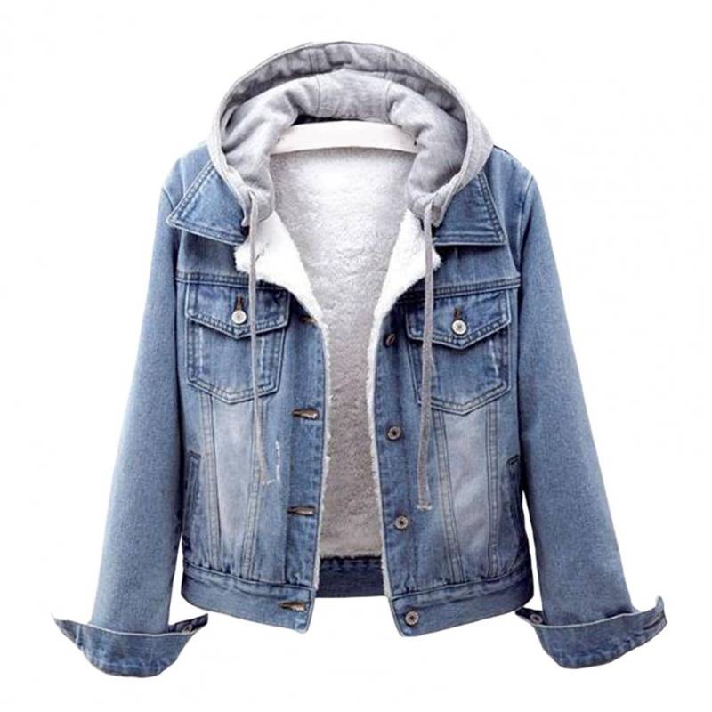 Herbst Winter Damen Plüsch Warme Jeansjacke Mantel Baumwolle Mode Kurz Blaue Jeansjacke Damen Kapuzenpullover Oberbekleidung L hellblaue von Joom DACH