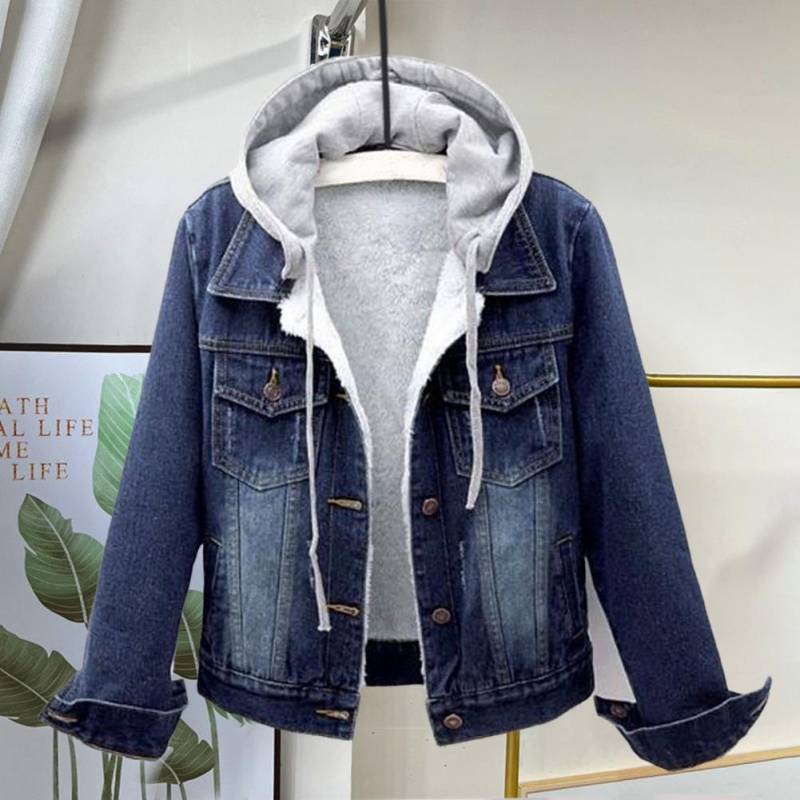 Herbst Winter Damen Plüsch Warme Jeansjacke Mantel Baumwolle Mode Kurz Blaue Jeansjacke Damen Kapuzenpullover Oberbekleidung XL dunkelblaue von Joom DACH