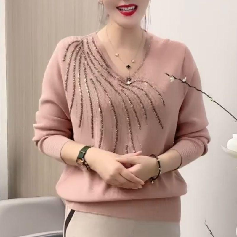 Herbst Winter Damen Pullover Pullover Einfarbig V-Ausschnitt Rauten Temperament Mode Lässig Langarm Unterhemd Stricktops XXXL rosa von Joom DACH