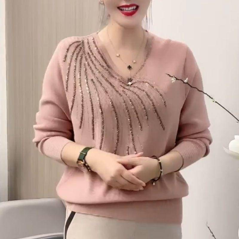 Herbst Winter Damen Pullover Pullover Einfarbig V-Ausschnitt Rauten Temperament Mode Lässig Langarm Unterhemd Stricktops XXXL rosa von Joom DACH
