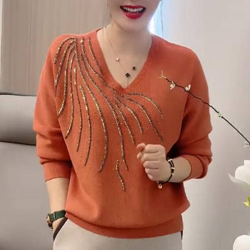 Herbst Winter Damen Pullover Pullover Einfarbig V-Ausschnitt Rauten Temperament Mode Lässig Langarm Unterhemd Stricktops XXXL orange von Joom DACH