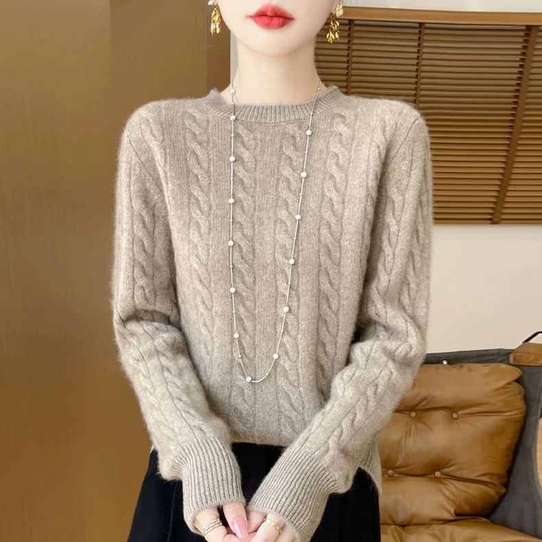 Herbst Winter Damen Pullover Rundhals Strickpullover Locker gestrickt Basispullover Einfarbig Verdrehte Blume Langarmshirt 3XL von Joom DACH