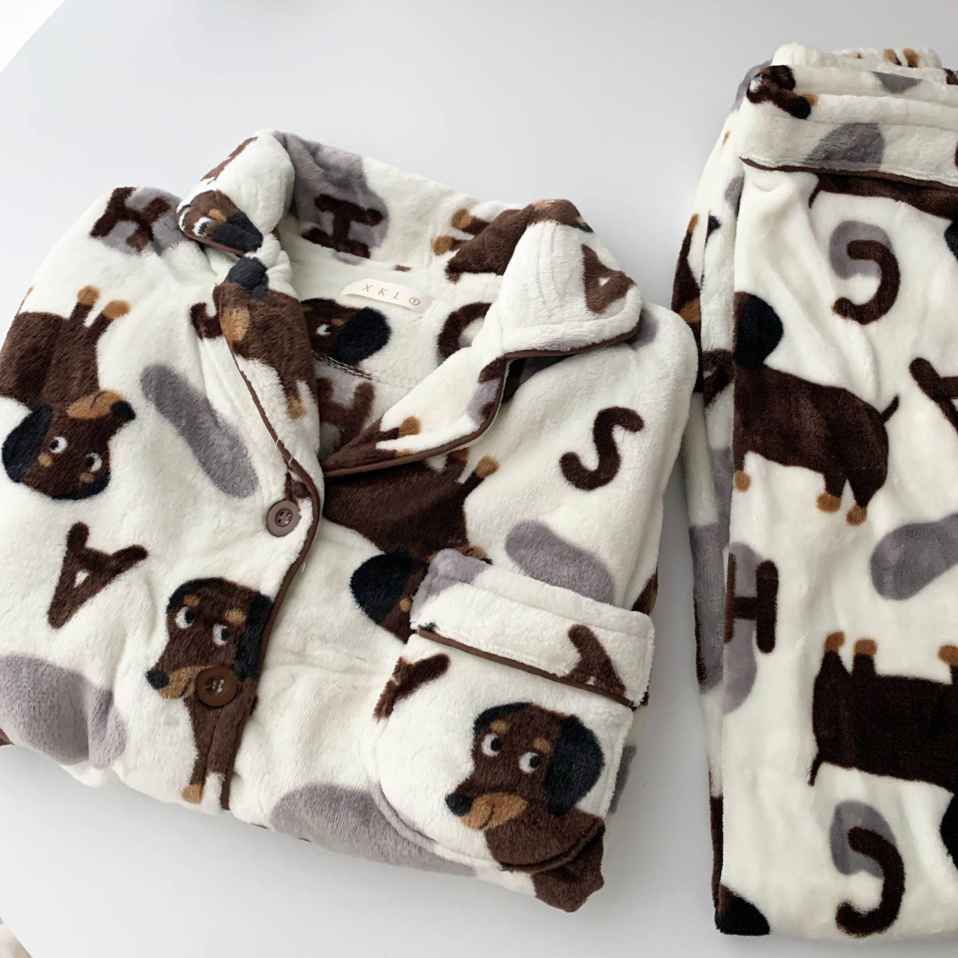 Herbst Winter Damen Pyjama Niedlicher Dackel Print Fleece Dick Zweiteiliges Set Nachthemd Lounge Langarm Hose M von Joom DACH