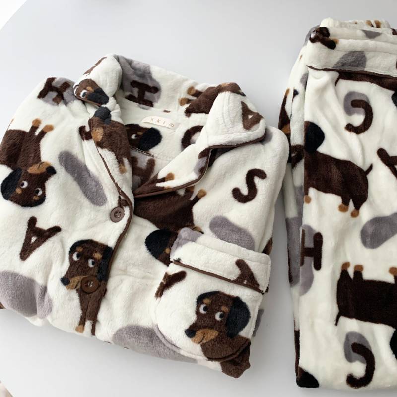 Herbst Winter Damen Pyjama Niedlicher Dackel Print Fleece Dick Zweiteiliges Set Nachthemd Lounge Langarm Hose M von Joom DACH