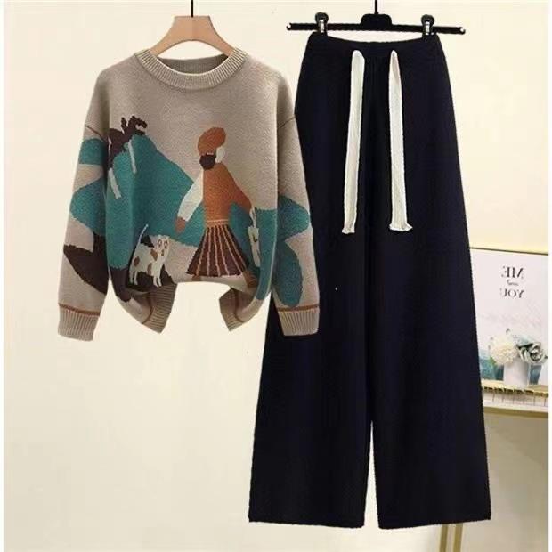 Herbst Winter Damen Set Strickpullover Große Größe Damen Lockere und Schlankheitshose Freizeit Zweiteiliges Set L schwarz/kaffeebraun von Joom DACH