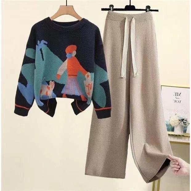 Herbst Winter Damen Set Strickpullover Große Größe Damen Lockere und Schlankheitshose Freizeit Zweiteiliges Set XXL von Joom DACH