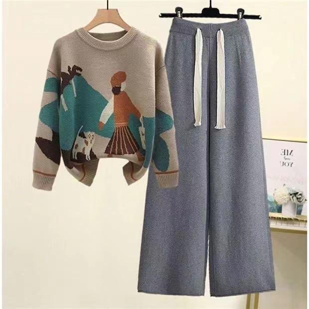 Herbst Winter Damen Set Strickpullover Große Größe Damen Lockere und Schlankheitshose Freizeit Zweiteiliges Set XXL von Joom DACH