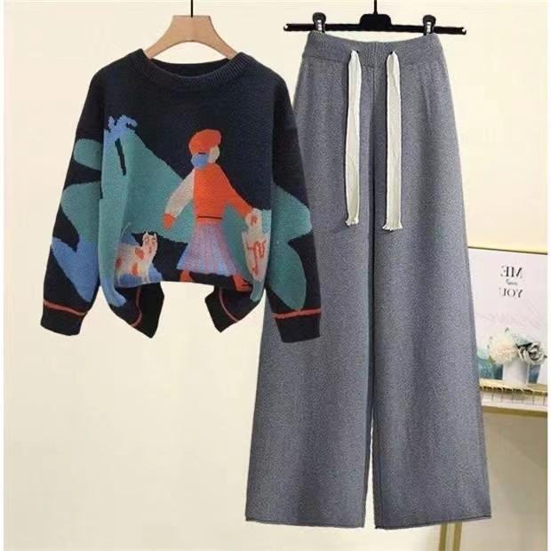 Herbst Winter Damen Set Strickpullover Große Größe Damen Lockere und Schlankheitshose Freizeit Zweiteiliges Set XXXL von Joom DACH