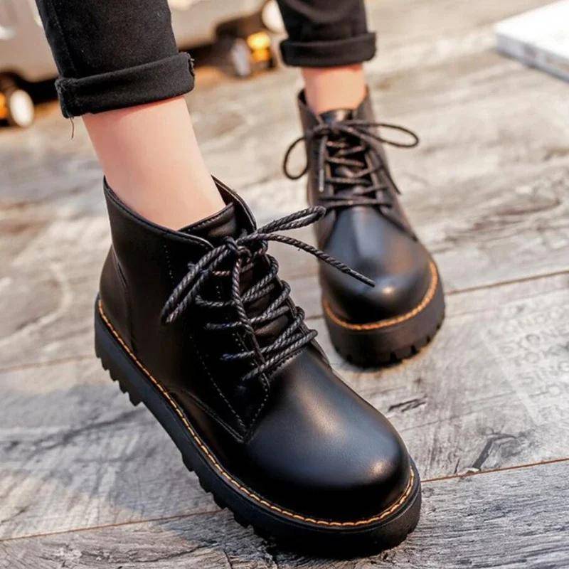 Herbst Winter Damen Stiefeletten Plateau Schnürschuhe Freizeitschuhe Frau Retro Oxfords Damen Wasserdicht Goth Dicke Stiefel Fußwe 35 schwarz von Joom DACH