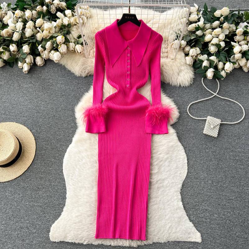 Herbst Winter Damen Strick Wickelkleider Neue Langarm Polo Kragen Knöpfe Solide Etuikleid Weiblich One Size braun von Joom DACH